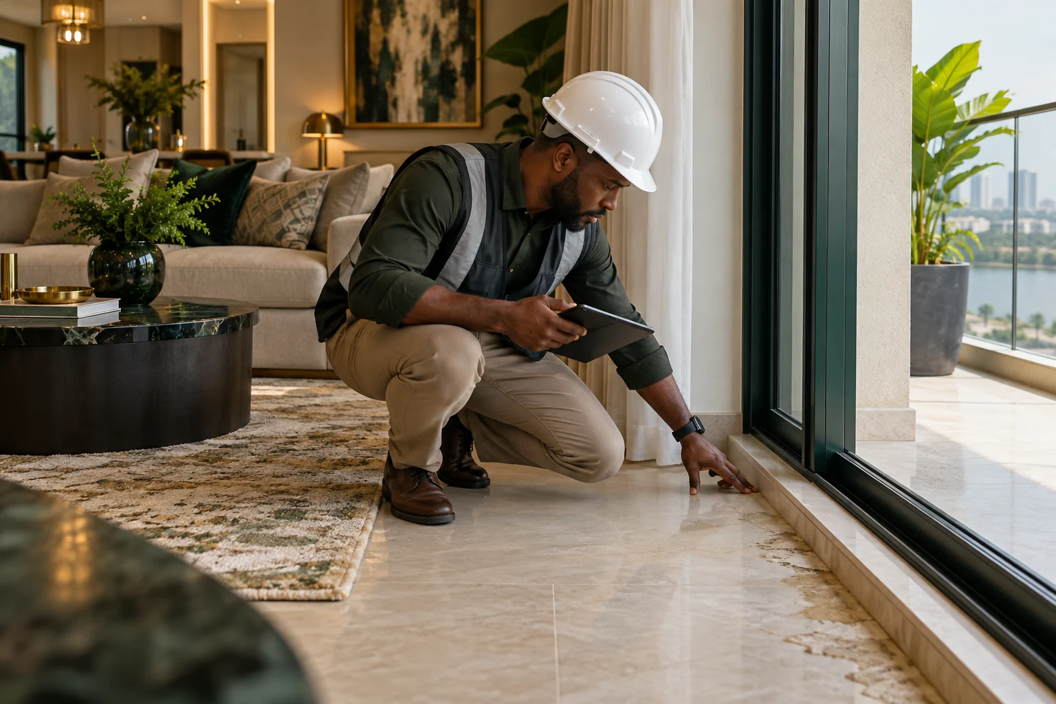 A specialist looking closely at a property’s construction